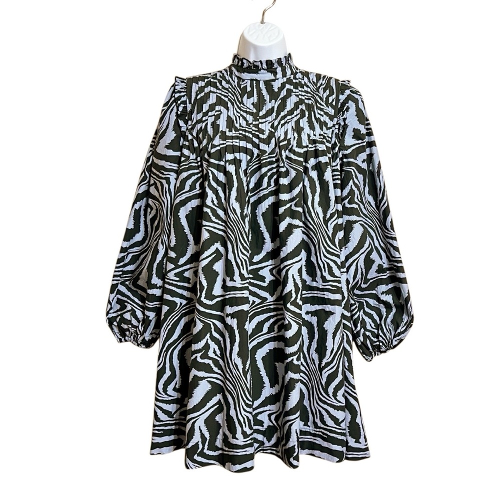 Ganni Oversize Puff Sleeve Boho Mini Dress 2 Black Blue Tiger Print Ruffle